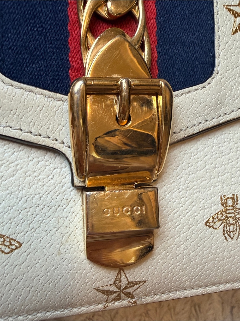 Gucci Sylvie Crossbody with Gold Star & Bee and Red-Blue Stripe strap - Picture 10 of 16